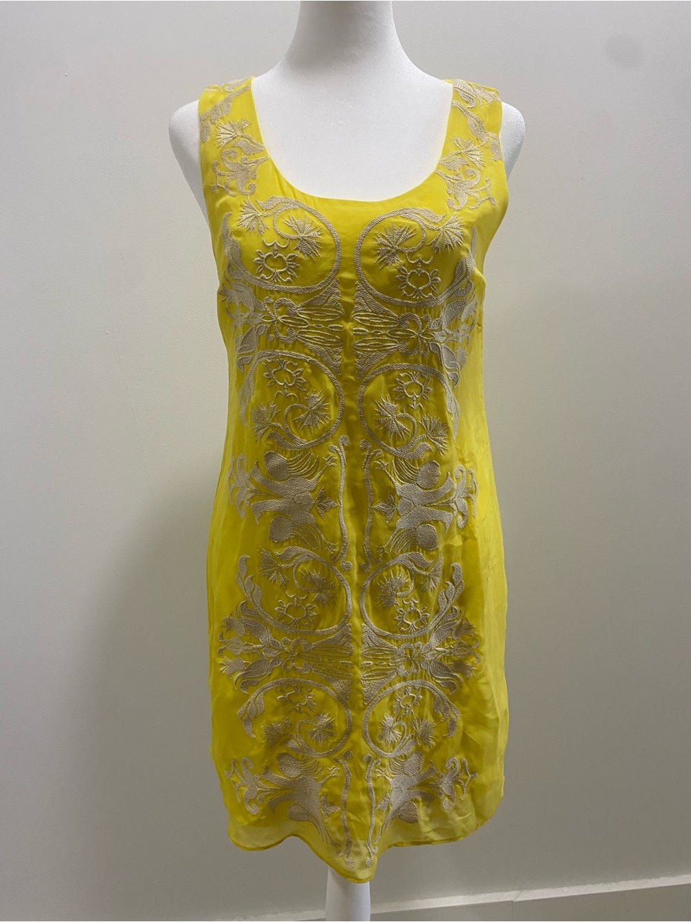 Forever 21 Yellow Sleeveless Embroidered Shift Dress